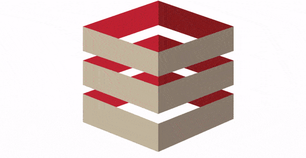 A 3D animation of a geometric shape consisting of three square loops rotating vertically. The squares are alternately colored in red and beige tones.