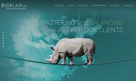 A white rhinoceros balances on a tightrope against a sky background. Text reads: "Mastering the balancing act for our clients" beside the logo "Bick Law LLP exclusively environmental.