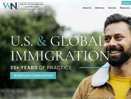 A man with a beard is smiling outdoors. The image includes text promoting U.S. and global immigration services with over 35 years of practice, featuring a consultation scheduling option.