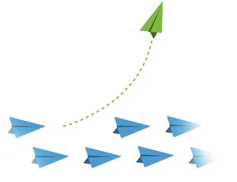 A green paper plane veers upward away from a formation of blue paper planes flying straight.