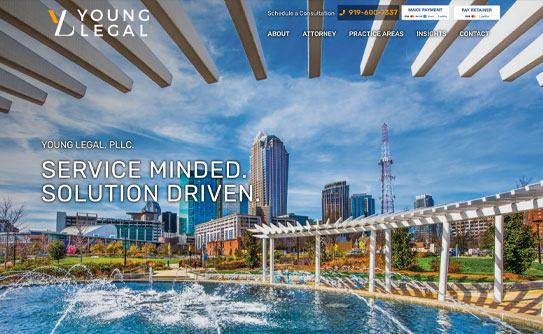 Young Legal, PLLC website homepage with a skyline view, logo, tagline "Service Minded. Solution Driven.", and navigation options: About, Attorney, Practice Areas, Insights, and Contact.