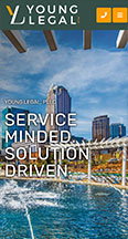 Advertisement for Young Legal featuring a cityscape background with skyscrapers and the firm's slogan "Service Minded, Solution Driven" displayed prominently.