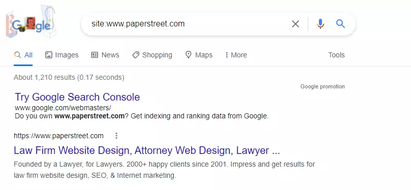 Search engine results page for the query "site:www.paperstreet.com". The page displays a Google promotion and a result for Paperstreet, a company specializing in law firm website design, SEO, and internet marketing.