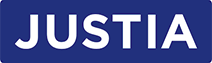 A blue rectangular logo with the word "JUSTIA" in white, bold, uppercase letters is centered against a dark blue background.