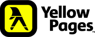 Yellow Pages logo featuring a yellow square with a black hand flipping through book pages on the left and the text "Yellow Pages" in black font on the right.