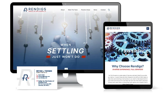 A desktop monitor, tablet, and business card displaying marketing materials for Rendigs, LLP, a law firm.