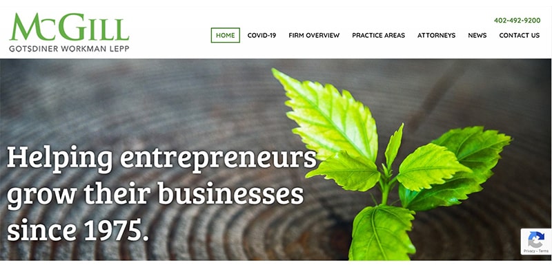 Website header for McGill Gotsdiner Workman Lepp law firm with a young plant growing out of wooden planks and the text, "Helping entrepreneurs grow their businesses since 1975.