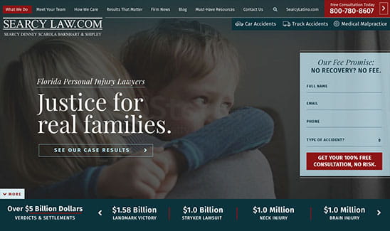 Image depicts a website homepage for Searcy Law, a personal injury law firm. The banner features a woman hugging a child with the text "Justice for real families" and contact information including a phone number.