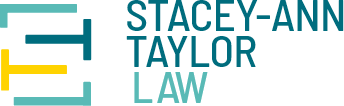 Logo of Stacey-Ann Taylor Law featuring geometric design with teal, blue, and yellow bars to the left and the firm's name to the right.