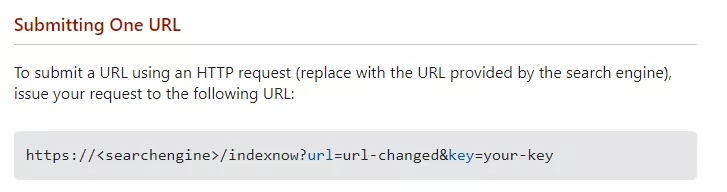 Instructions and example URL format for submitting a URL to a search engine using an HTTP request.