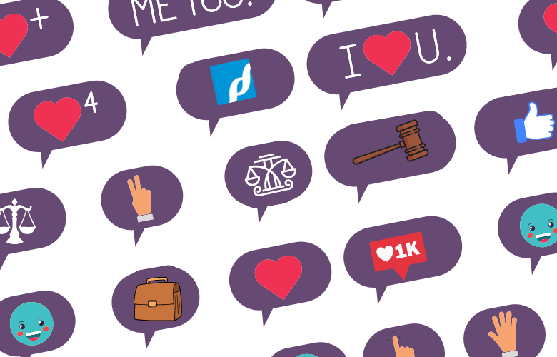 Illustration of speech bubbles containing various icons, including hearts, scales of justice, a briefcase, peace sign hand, thumbs up, 1K likes, and a gavel on a white background.