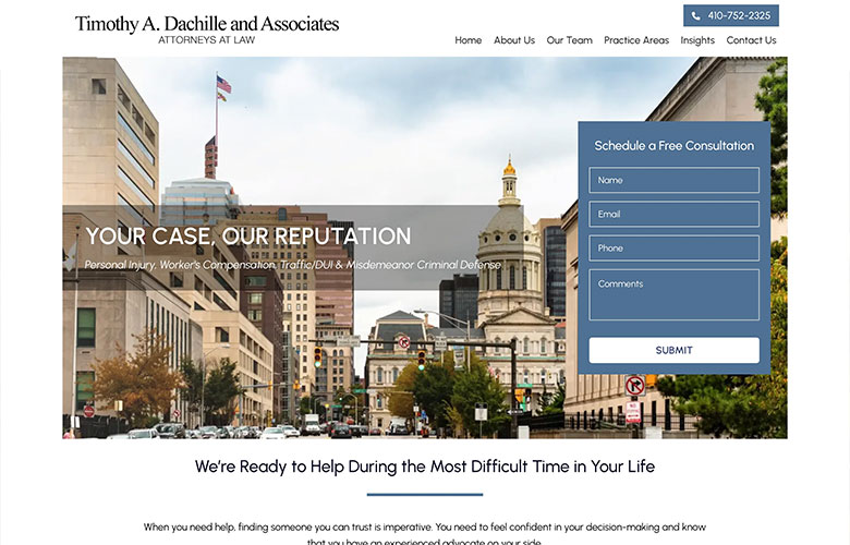 Screenshot of Timothy A. Dachille & Associates' new Law Firm Essentials website. The homepage features a contact form, the firm's contact number, and urban landscape imagery with a courthouse and other buildings.