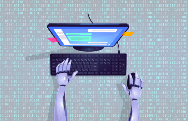 A robot typing on a keyboard in front of a monitor displaying code, with binary code in the background.