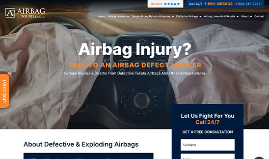 Screenshot of a website for "Airbag Injuries" legal services. Headline reads "Airbag Injury?" with a call to talk to an airbag defect lawyer. Site features a chat option and a form to request a call.