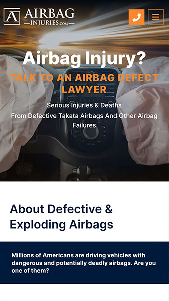 Screenshot of a webpage promoting legal services for airbag injuries, highlighting defects in Takata airbags. The banner reads "Airbag Injury? Talk to an Airbag Defect Lawyer" with details about serious injuries and deaths.