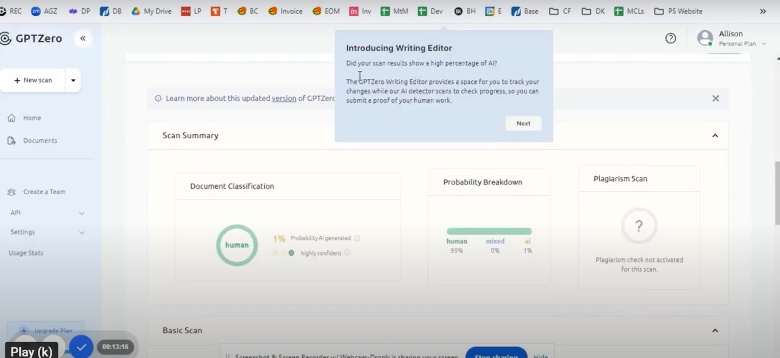 A screenshot of the GPTZero platform showing a document classification summary with human and AI usage probability, a plagiarism scan summary, and an overlay introducing the Writing Editor feature.