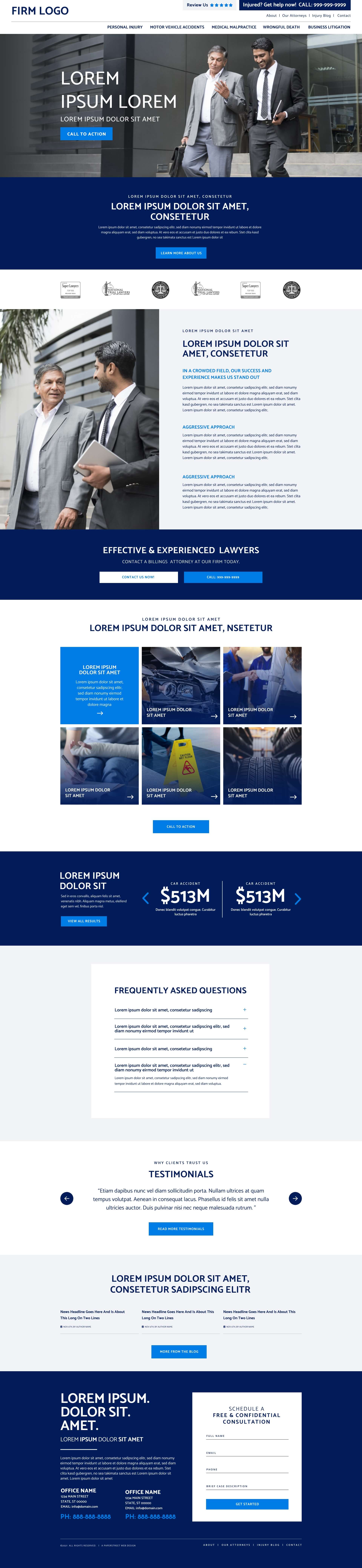 A website layout for a law firm with sections on services, case results, testimonials, FAQs, and company information. The page features images of business professionals, icons, and text in a blue and white theme.