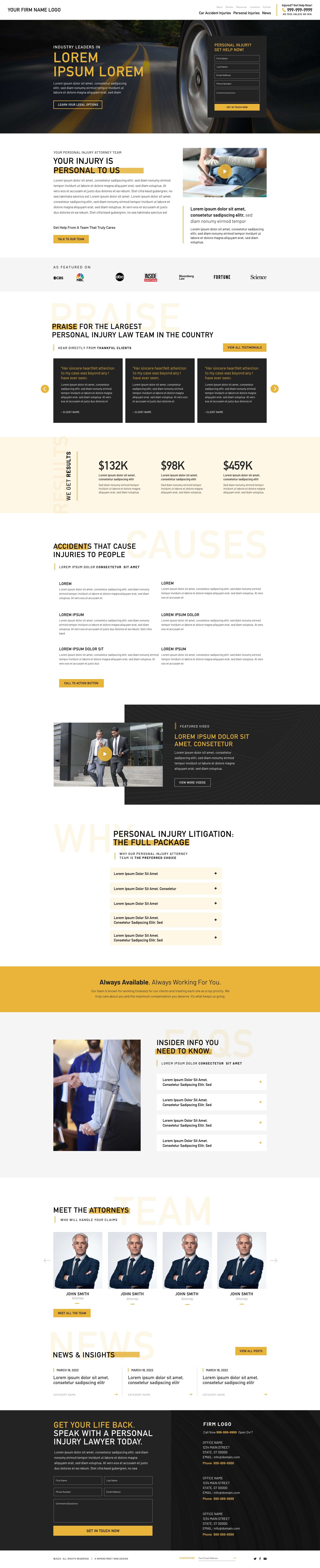 A law firm's website features sections on personal injury, settlements, attorneys, and client testimonials. The design includes images, text blocks, and a contact form.