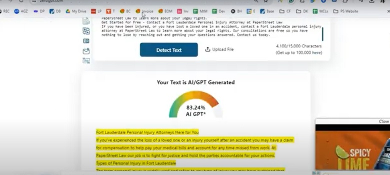 A computer screen displaying a browser window with various tabs open and a text analysis result indicating 83.24% AI/GPT generated text about Fort Lauderdale personal injury attorneys.