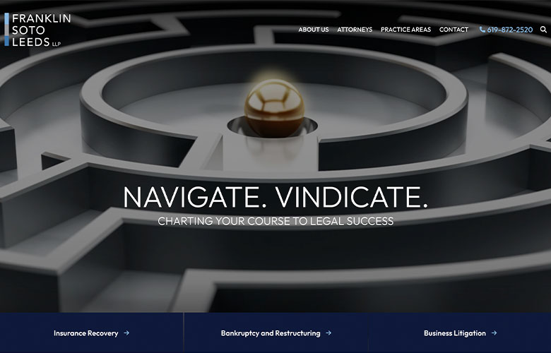 A website homepage featuring a marble in a maze with the text "Navigate. Vindicate. Charting Your Course to Legal Success." Menu options include Insurance Recovery, Bankruptcy and Restructuring, and Business Litigation.